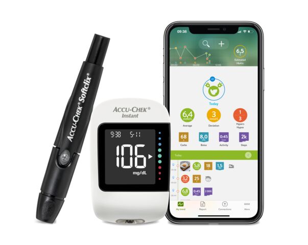 Accu-Chek Instant device and iPhone showing mySugr app